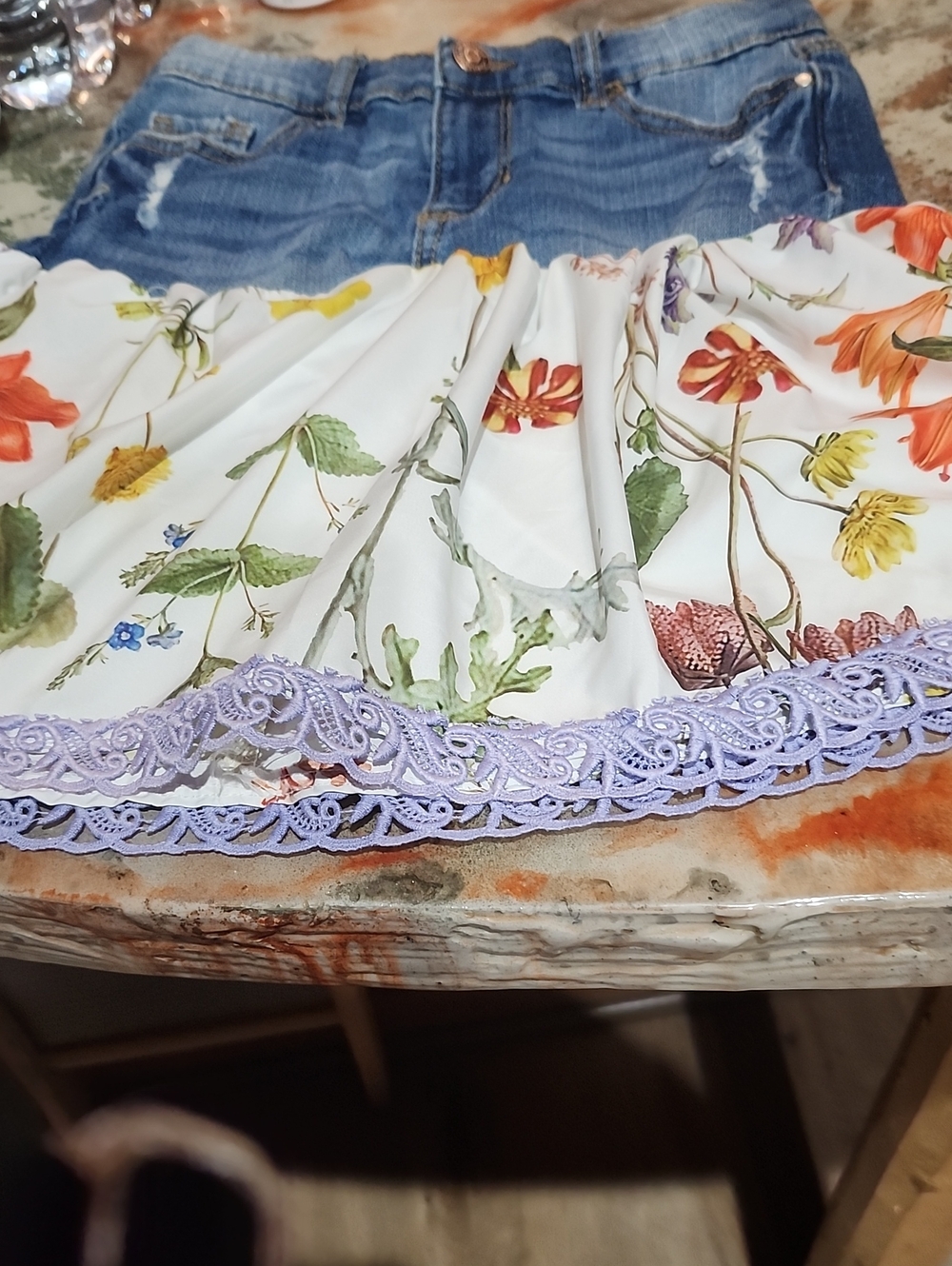 Girls Floral Skater Skirt with Denim Waist and Lavender Lace Trim